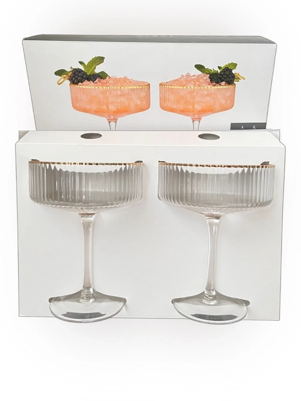 NIB Viski Meridian Gold Rim Crystal Coupe Glasses Set of 2